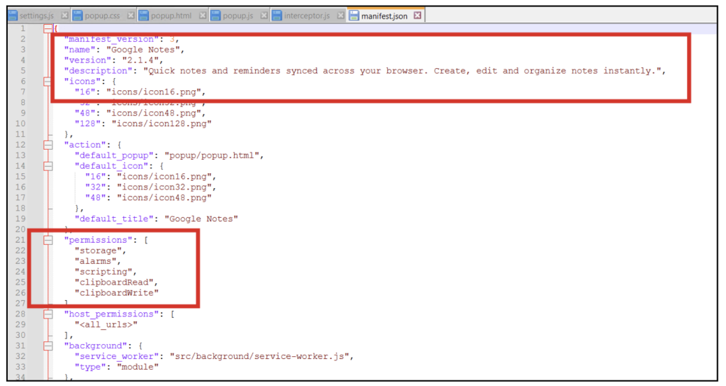 Figure 6. Manifest file for web extension 
